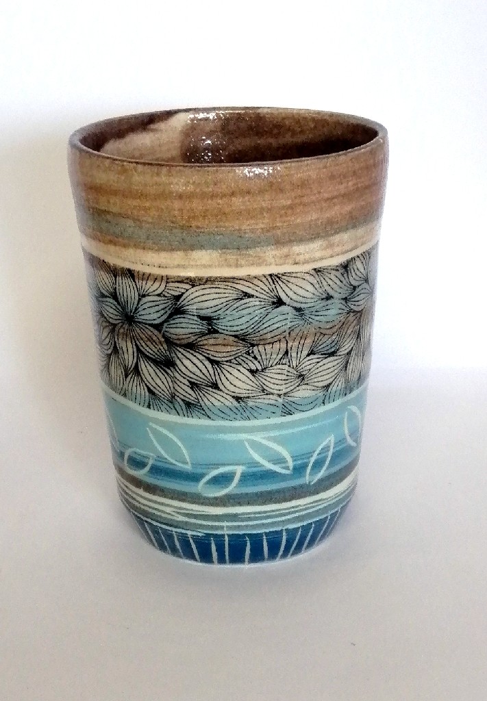 Grand mug bleu ocre feuilles 15