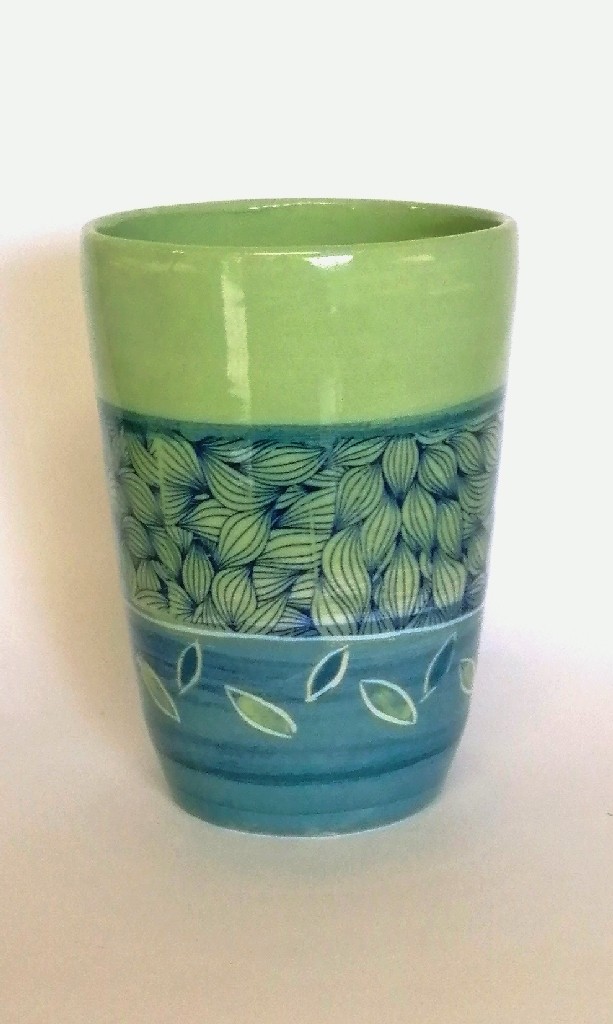 Grand mug bleu vert feuilles 06